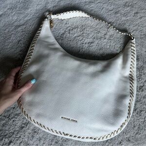 Michael Kors Lauryn Large Leather Shoulder Handbag Tote Bag Purse White & Gold